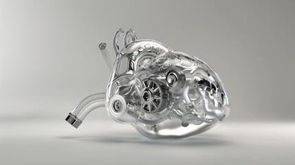 3D artificial heart in the style of fluid glass sculptures with gear mechanical.
