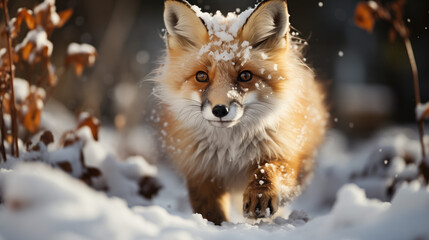 Red fox in a snowy forest. Fox runs through the snow