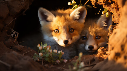 Two little foxes look out of a hole against the backdrop of nature.