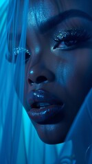 Black Woman Under Sheer Veil Blue Background - obrazy, fototapety, plakaty