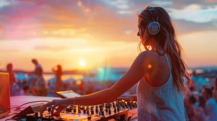 beautiful dj woman playing on a mixer on a beach at a beautiful sunset in high resolution and high quality. music concept, woman, dj, beach, sunset, beach