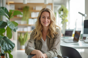 Fototapeta premium Portrait of smiling young businesswoman seated, Happy blonde hair female employee, professional confident woman at modern office, Smiling business woman wallpaper concept, beautiful girl