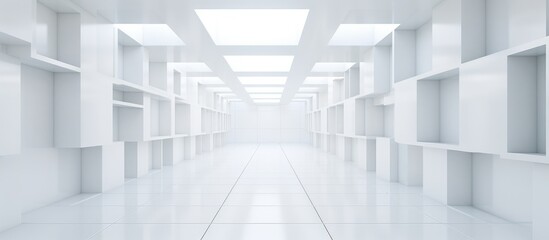 Obraz premium White interior of a fictional building with square extruded wall elements in perspective Symmetrical view Text space