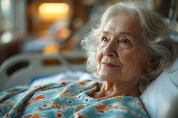 A reflective elderly woman with white hair in hospital clothes, resting and looking away - Powered by Adobe