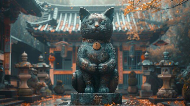 an entry to a chinese temple with a statue of a cat, in the style of japanese-inspired imagery,