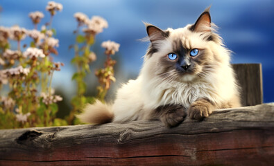 A beautiful blue-eyed Ragdoll Cat lounging on a wooden fence in a garden