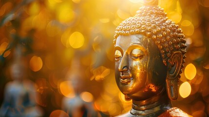 On a sunny day, the sun shines on the golden Buddha statue, backlight, mona lisa style, UHD, hyper quality, copy space - generative ai