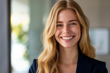 Portrait of smiling young businesswoman with blonde hair, Happy female employee, professional confident woman at modern office, Smiling business woman wallpaper concept, woman wearing blazer in office