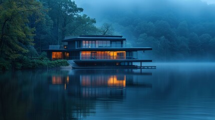 Modern Lake House in Misty Forest