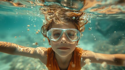 child swims underwater 