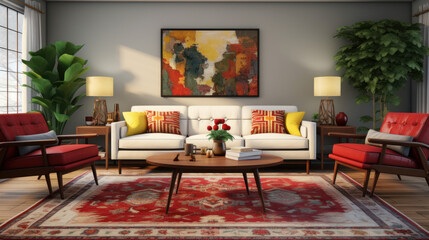Mid century modern living room with a Turkish Kilim rug