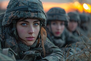 Portrait of a female soldier with contemplative eyes and helmet at twilight