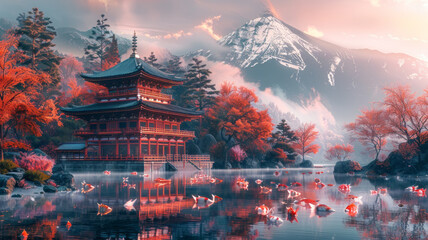 Serene Japanese temple with Mount Fuji, koi, sakura.generative ai - obrazy, fototapety, plakaty