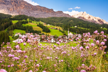 Mountain village with a church in Dolomite alps with pink flowers