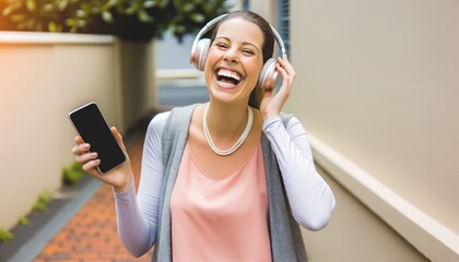 Happy young woman holding mobile phone enjoying music listening through wireless headphones on...