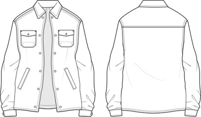 Men's Long sleeve Flannel shirt flat sketch illustration front and back view, double patch pocket long sleeve denim shirt jacket for casual wear fashion illustration template mock up