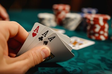 Hands holding two poker cards of different type.