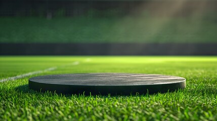 Close up of an empty round green Platform on a green Pitch. Blurred Sports Background