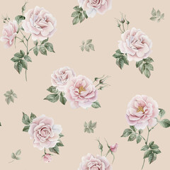 Rose hip pink flowers with buds and green leaves, Victorian style, watercolor seamless pattern on beige background
