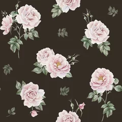 Tapeten Rose hip pink flowers with buds and green leaves, Victorian style, watercolor seamless pattern on dark background © Leyla