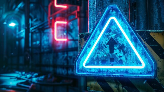 Triangular neon road sign attention with exclamation mark from post-apocalypse or horror movie era