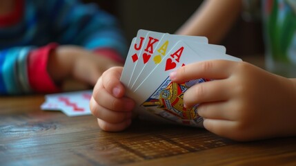Close up of child hand holding several white playing cards, bright, design house.