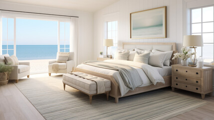 Fototapeta na wymiar Serenity of a coastal bedroom with a faded Turkish rug