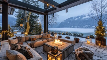 Modern outdoor Living Space in winter background. Winter evening on the patio or terasse with fire place - obrazy, fototapety, plakaty