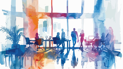 Business Treffen Meeting Büro Silhouetten Menschen Firma Unternehmen Wasserfarben Bunt Vektor Geschäftlich