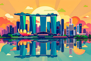 A flat vector skyline illustration of Singapore. Gradient night time design. - obrazy, fototapety, plakaty