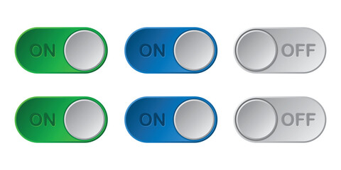 A set of active and inactive switch icons, a set of on and off switches, green, blue, and gray buttons, and a realistic design.