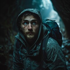 A man walking through a dark cave at night looking scared.