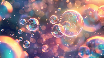 In a whimsical ambiance, vibrant bubbles burst forth in an abstract display, accompanied by glistening particles, creating a dreamlike scene. - obrazy, fototapety, plakaty