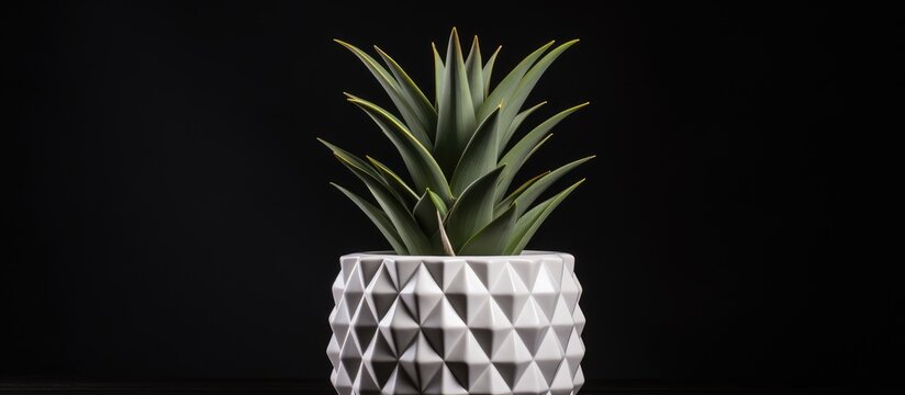 White ceramic pineapple pot with diamond patterns and green succulent planter on dark background