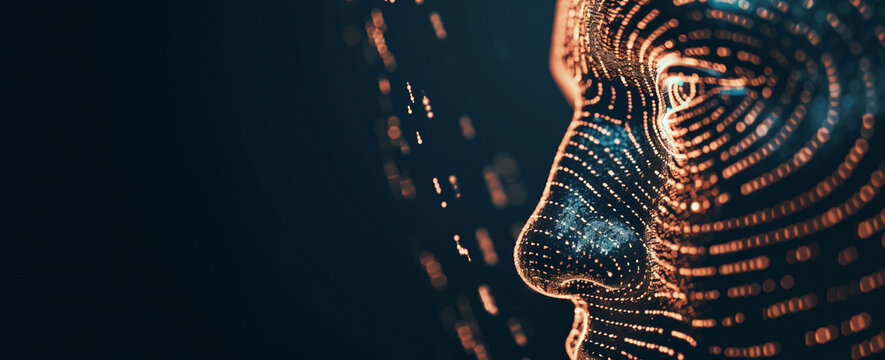 a digital human face with a finger print pattern, representing identity theft and biometrics used in cyber security, with copy space