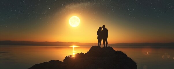 Couple Standing Under night sky and stars shine in backgrounds.