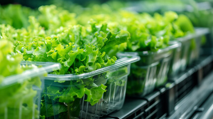 Fresh green leaves in package, plastic box.  Fresh Express Organic Spring Salad.