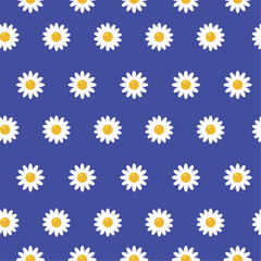 Daisy flower seamless pattern in flat style. Floral art print illustration on blue background for textile, wrapping paper, fabric, wallpaper design, cover. Vector