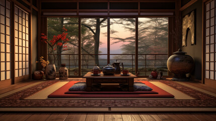 Traditional Japanese tea room with tatami flooring and a carefully placed Persian rug