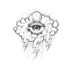 All Seeing Eye In a Cloud with lightnings Engraving Tattoo