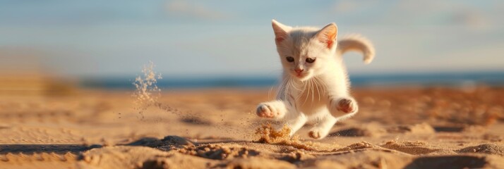 Obraz na płótnie Canvas Energetic kitten bounding on sandy beach - Capturing the dynamic motion of a white kitten leaping playfully on a sunny beach
