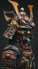 Elaborate samurai warrior sculpture - A highly detailed and colorful sculpture of a samurai warrior in full traditional battle gear