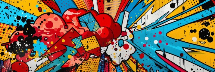 Explosive comic book art full of vibrant colors - Dynamic and colorful comic-book-style artwork exploding with action, bright colors, and graffiti elements, reminiscent of pop culture