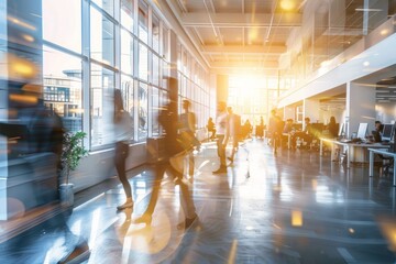 Blurred office and workplace background. Employees in motion, walking through a bright office space, captured in a blurred effect.