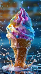 Colorful Ice Cream Cone Blue Background