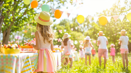 A group of kids and family celebrating a birthday or Easter in the park at summer