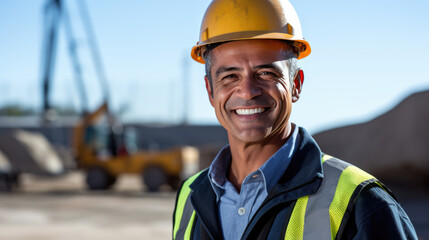 Smiling construction worker, wearing a hard hat,and a reflective vest, stands confidently at a construction site.