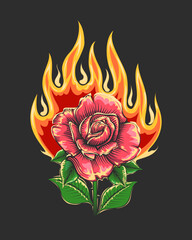 Burning Rose Flower Tattoo Isolated on Black Background