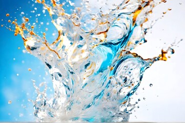 Blue water splash isolated on white background for drink advertising, Splashing of fresh clean water close up macro. Cold iced watery natural water from nature source.