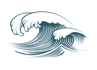 Ocean Waves Monochrome Engraving Illustration Isolated on White